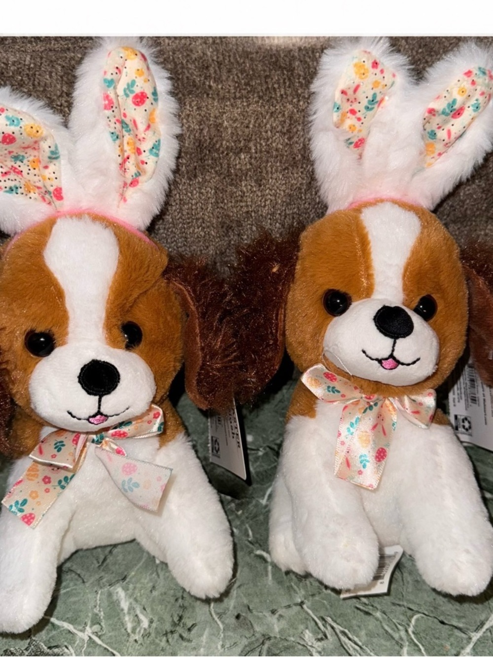 2 COUNT -Plush Puppy Bunny Ear Stuffed Animal Dog - Brown & White -Floral Accent